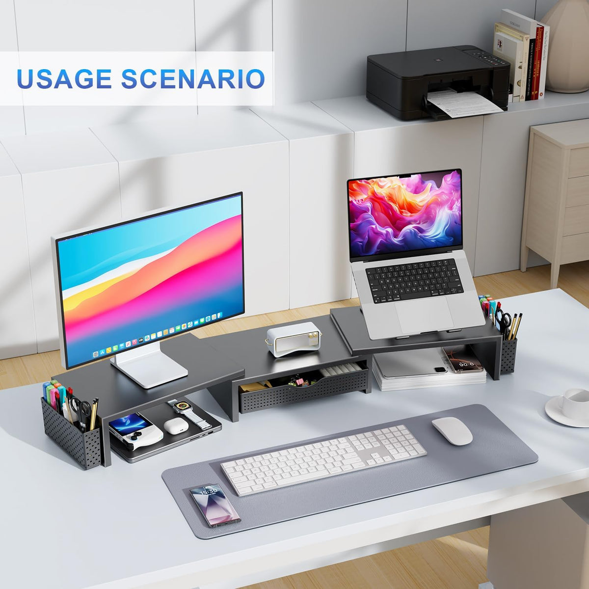 Dual Monitor Stand Riser With Drawer and 2 Pen Holders