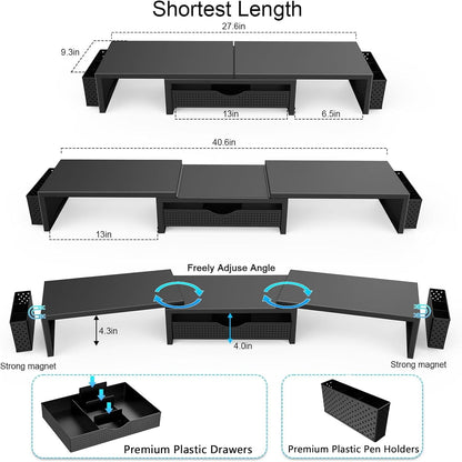 Dual Monitor Stand Riser With Drawer and 2 Pen Holders