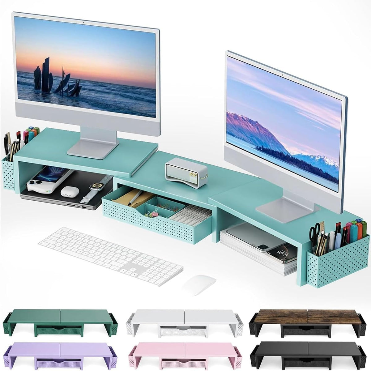 Dual Monitor Stand Riser With Drawer and 2 Pen Holders