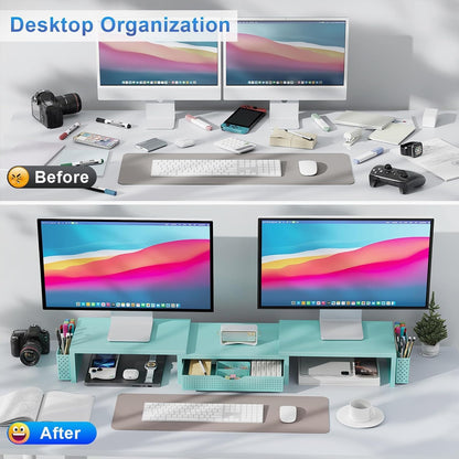 Dual Monitor Stand Riser With Drawer and 2 Pen Holders
