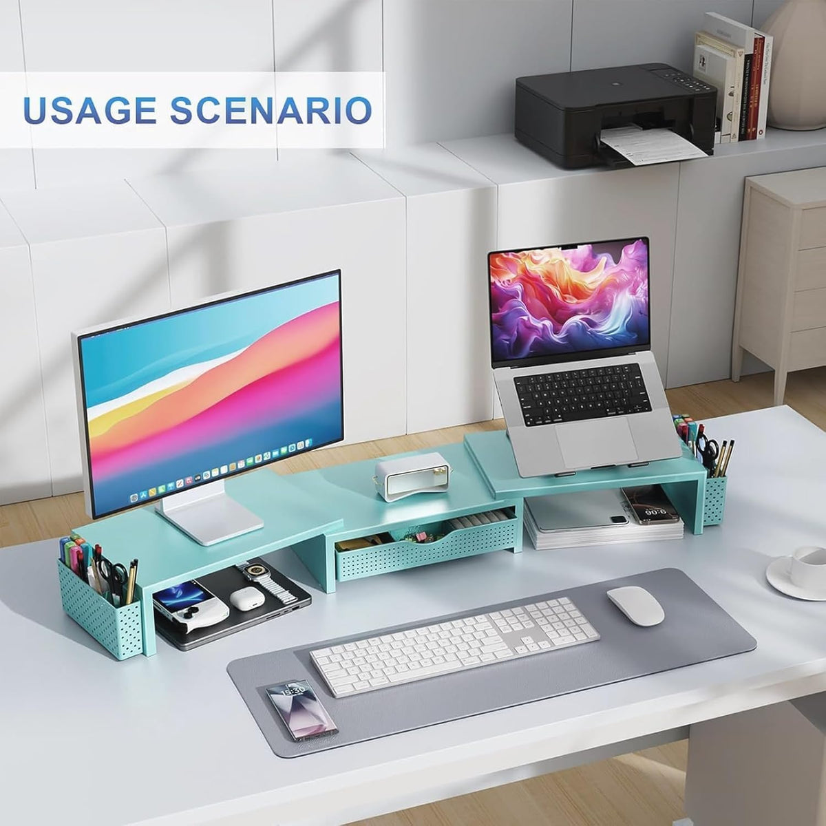 Dual Monitor Stand Riser With Drawer and 2 Pen Holders