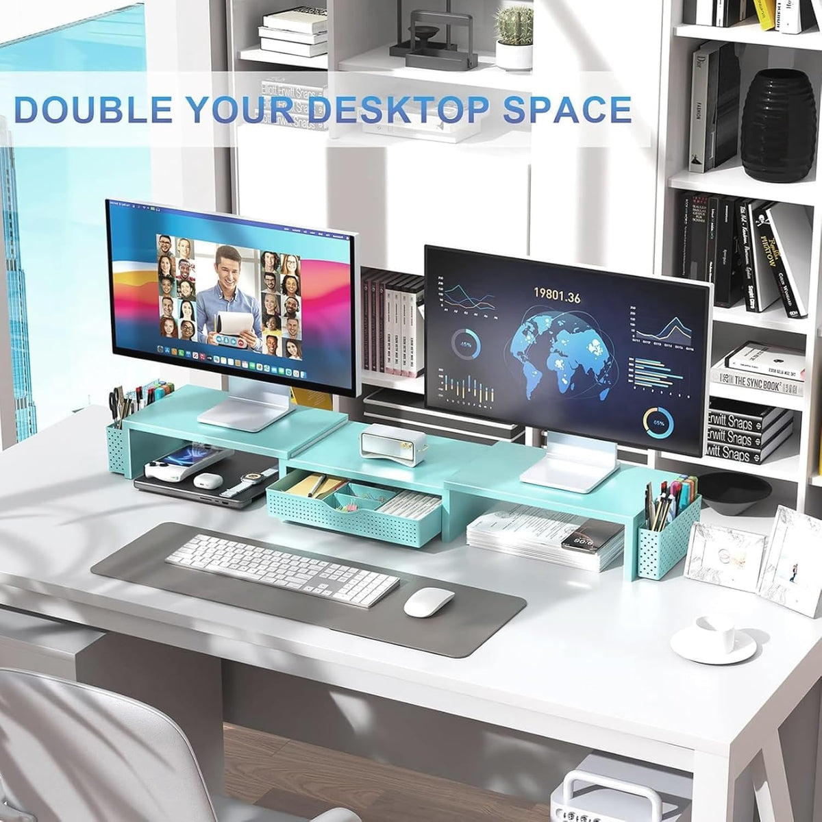 Dual Monitor Stand Riser With Drawer and 2 Pen Holders
