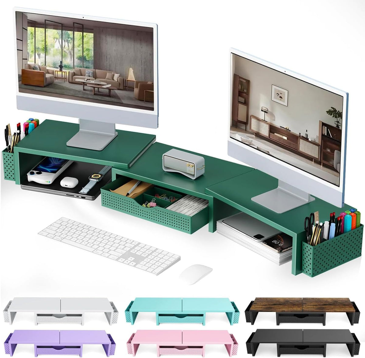 Dual Monitor Stand Riser With Drawer and 2 Pen Holders