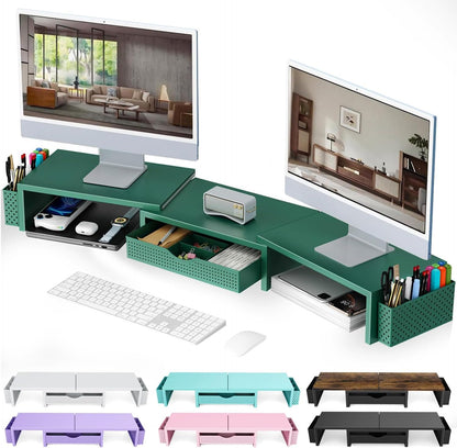 Dual Monitor Stand Riser With Drawer and 2 Pen Holders