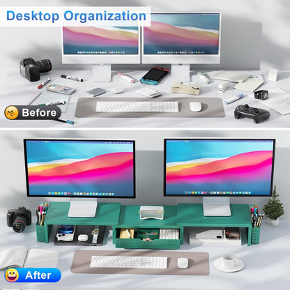 Dual Monitor Stand Riser With Drawer and 2 Pen Holders