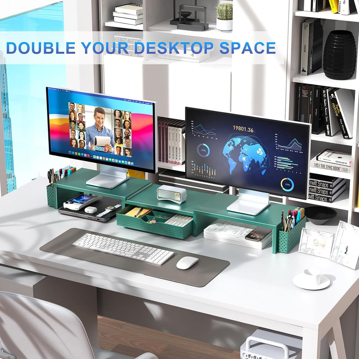 Dual Monitor Stand Riser With Drawer and 2 Pen Holders