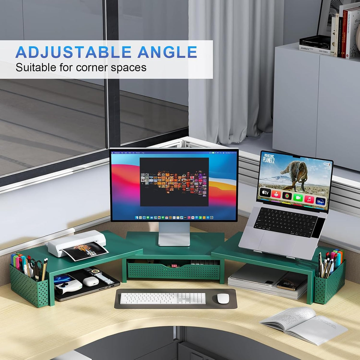 Dual Monitor Stand Riser With Drawer and 2 Pen Holders