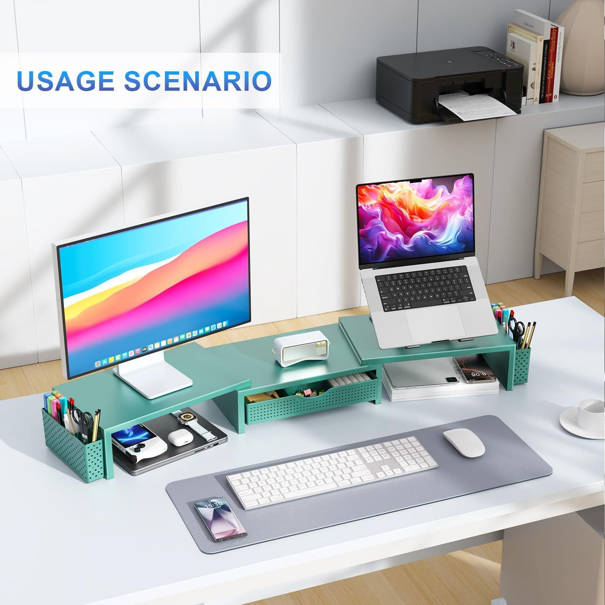 Dual Monitor Stand Riser With Drawer and 2 Pen Holders