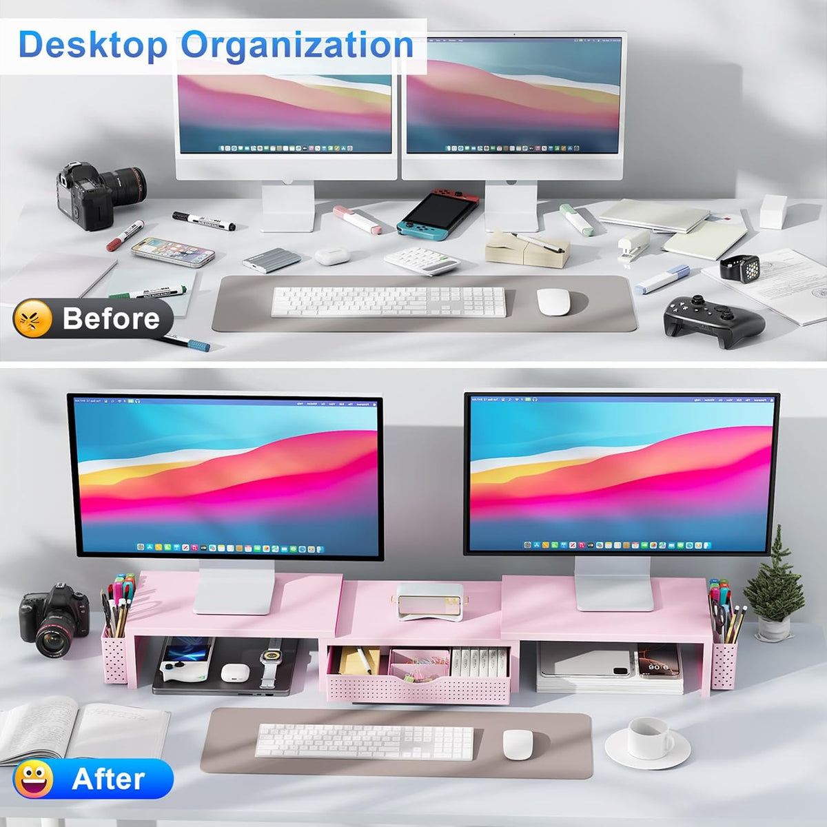 Dual Monitor Stand Riser With Drawer and 2 Pen Holders