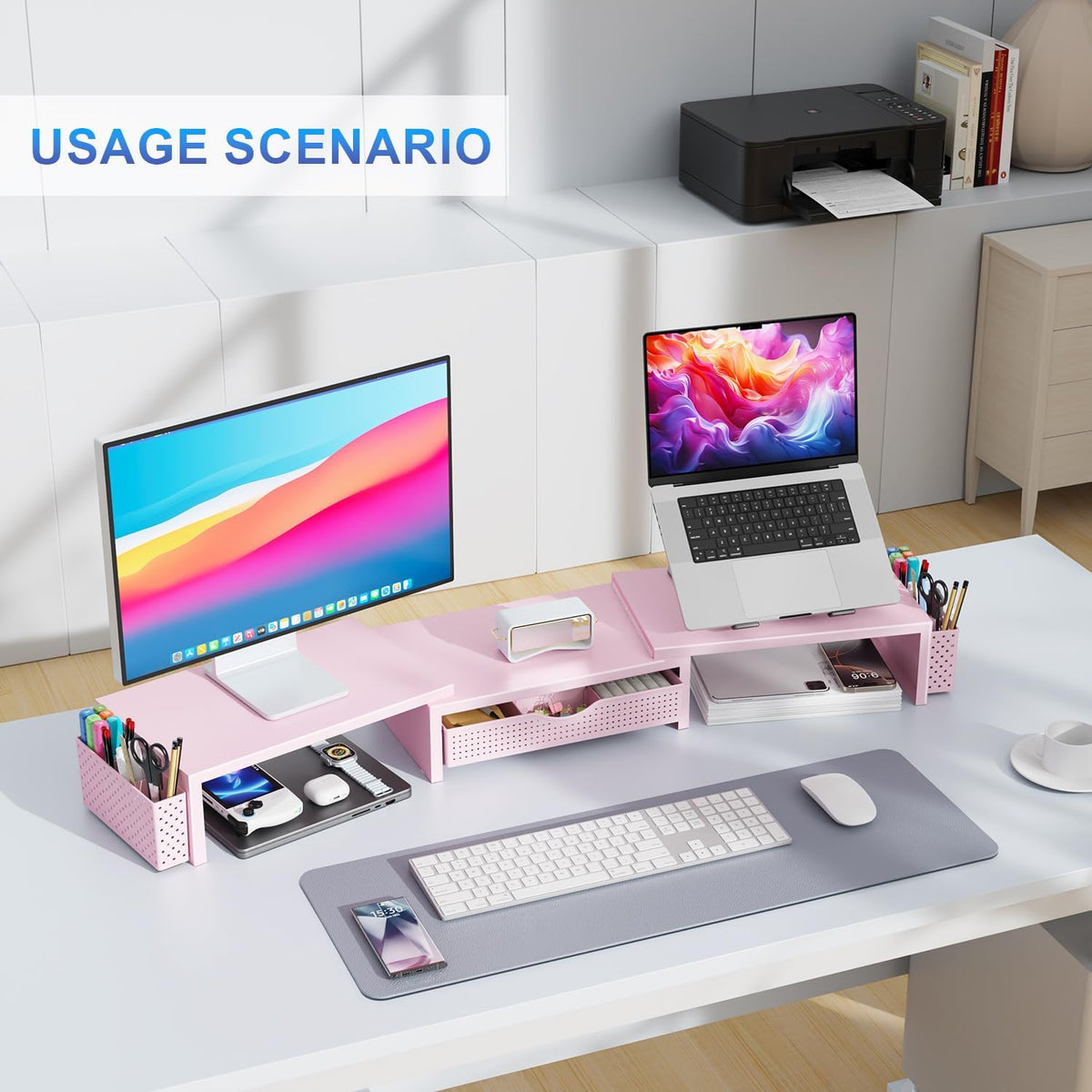 Dual Monitor Stand Riser With Drawer and 2 Pen Holders