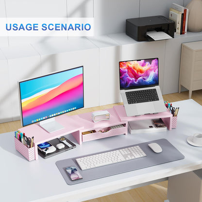 Dual Monitor Stand Riser With Drawer and 2 Pen Holders