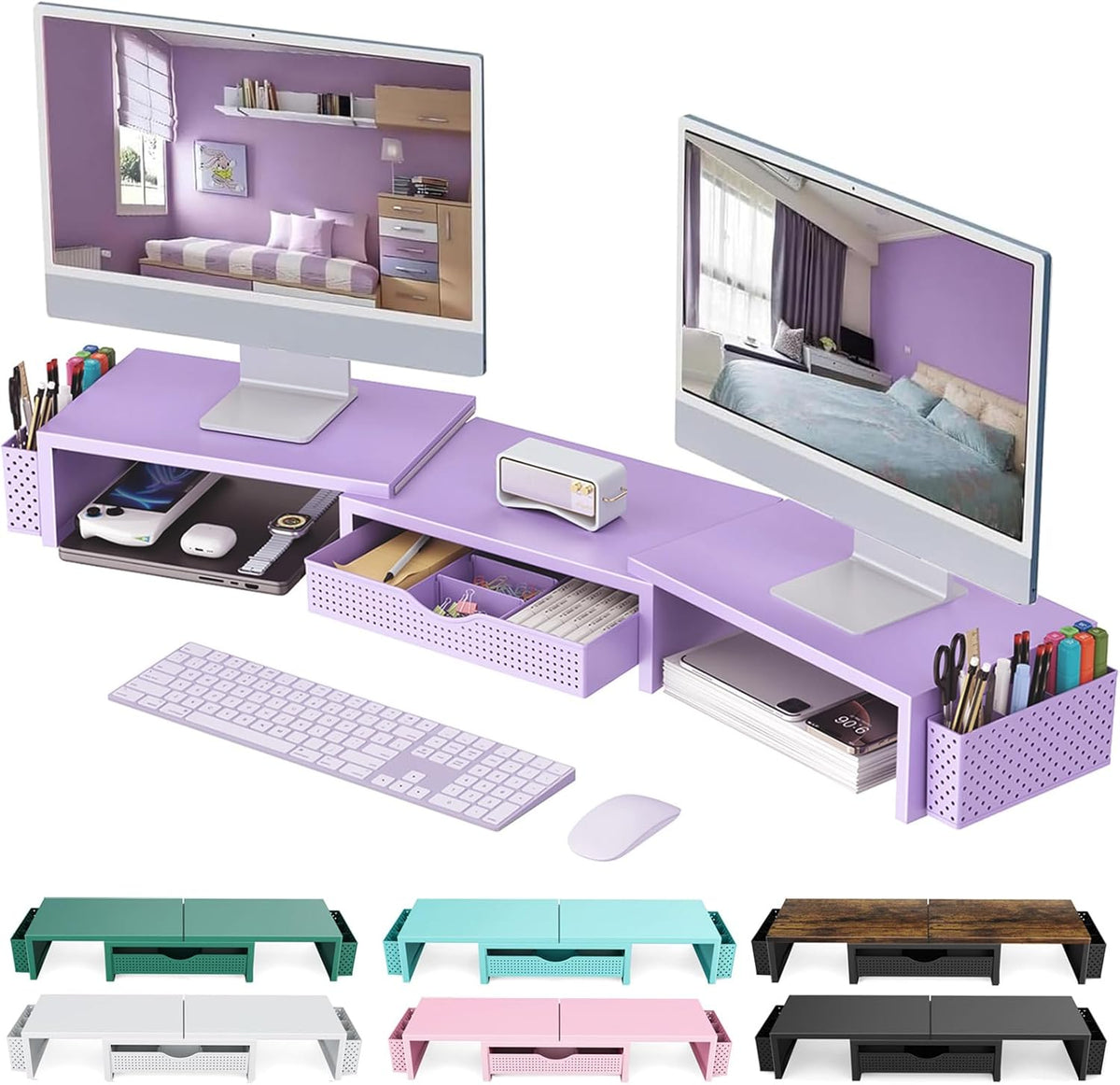 Dual Monitor Stand Riser With Drawer and 2 Pen Holders