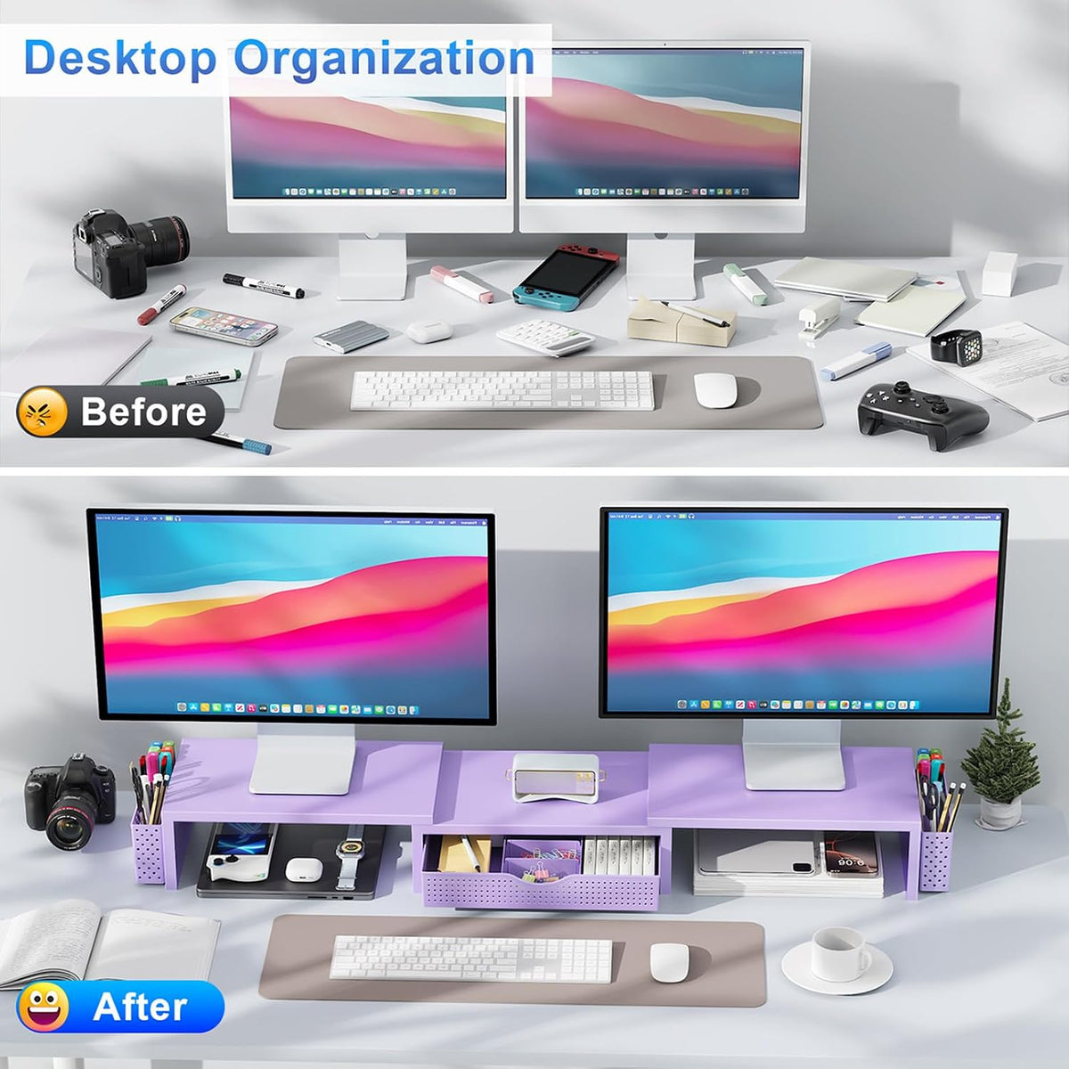Dual Monitor Stand Riser With Drawer and 2 Pen Holders