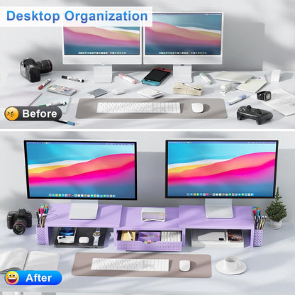 Dual Monitor Stand Riser With Drawer and 2 Pen Holders