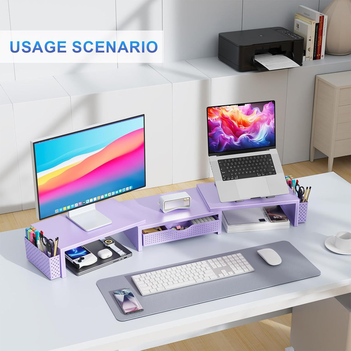 Dual Monitor Stand Riser With Drawer and 2 Pen Holders