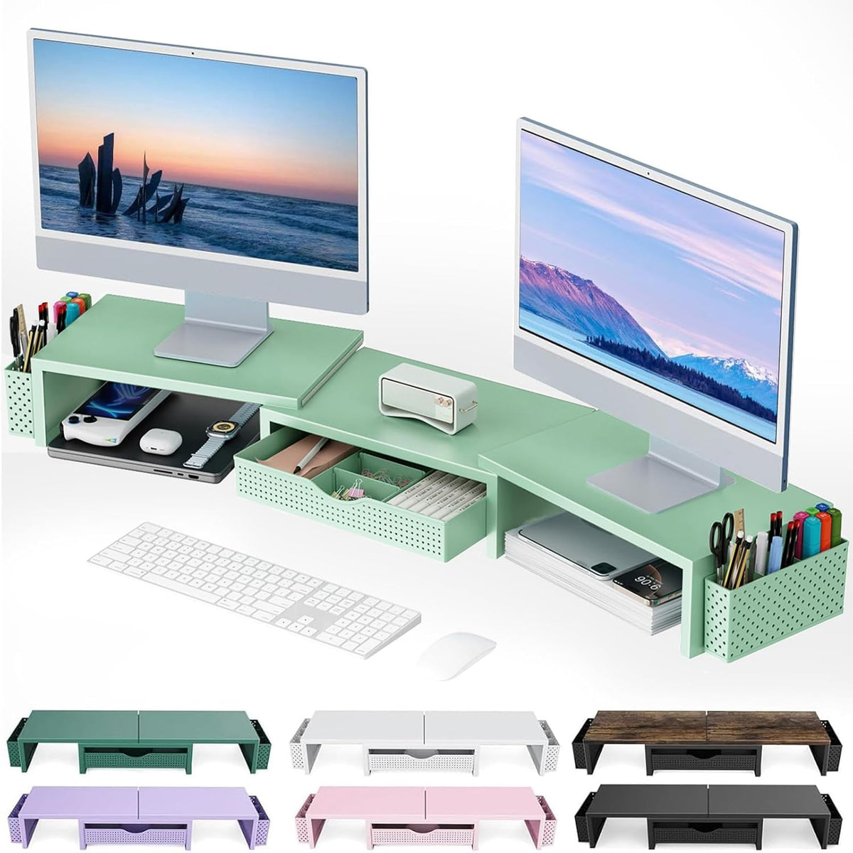 Dual Monitor Stand Riser With Drawer and 2 Pen Holders