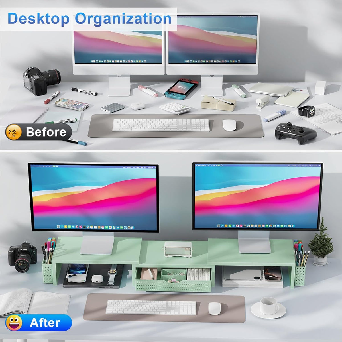 Dual Monitor Stand Riser With Drawer and 2 Pen Holders
