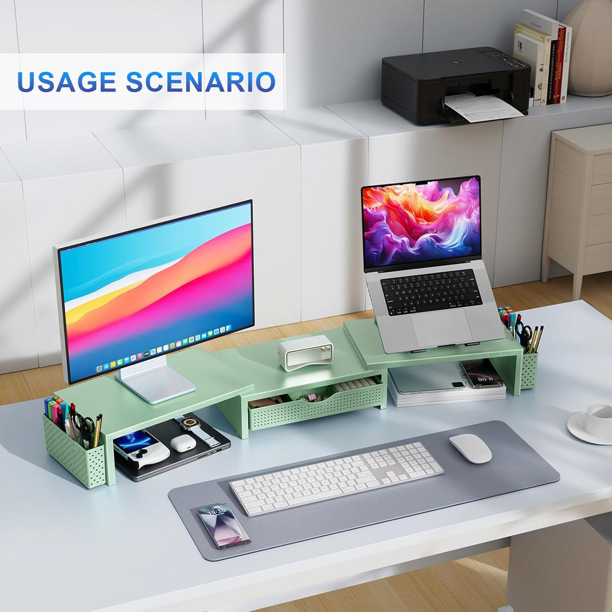 Dual Monitor Stand Riser With Drawer and 2 Pen Holders