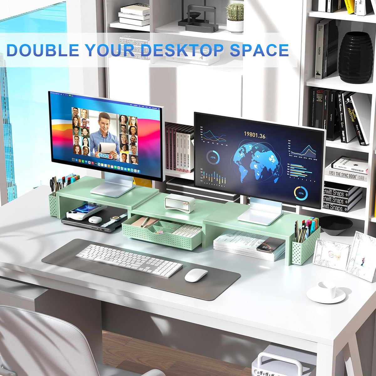Dual Monitor Stand Riser With Drawer and 2 Pen Holders