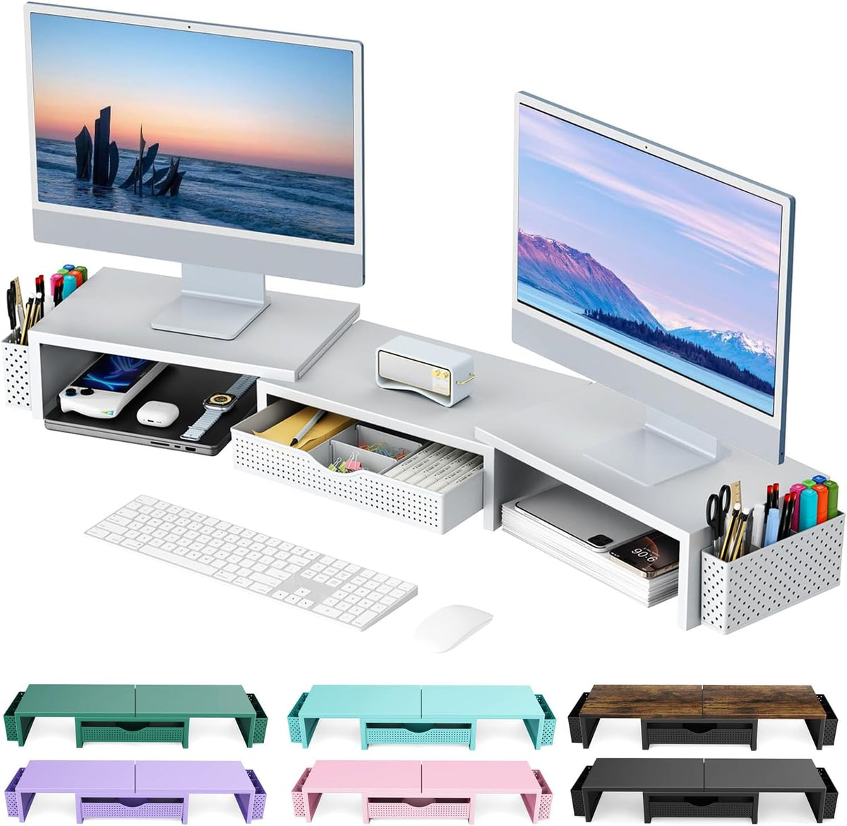 Dual Monitor Stand Riser With Drawer and 2 Pen Holders