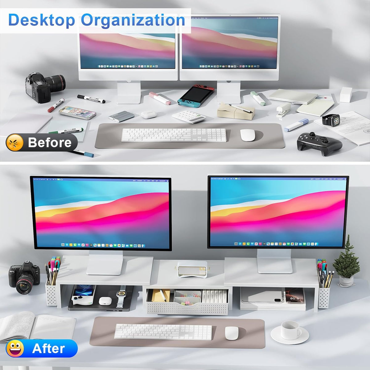 Dual Monitor Stand Riser With Drawer and 2 Pen Holders
