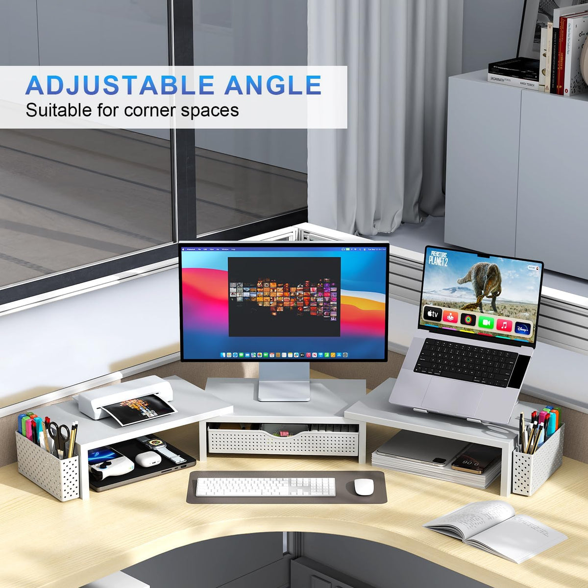 Dual Monitor Stand Riser With Drawer and 2 Pen Holders