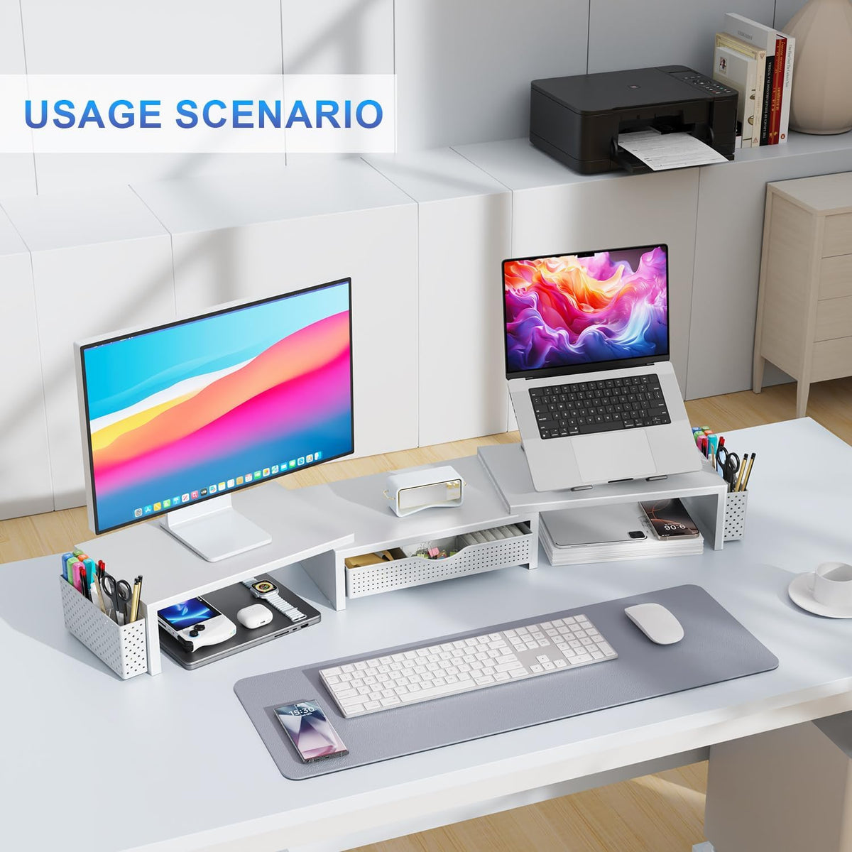Dual Monitor Stand Riser With Drawer and 2 Pen Holders