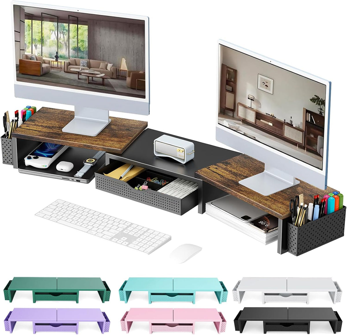 Dual Monitor Stand Riser With Drawer and 2 Pen Holders