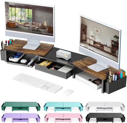 Dual Monitor Stand Riser With Drawer and 2 Pen Holders