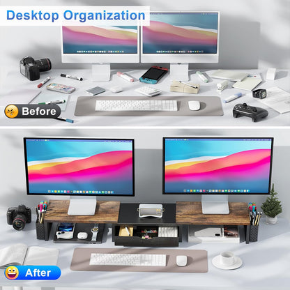 Dual Monitor Stand Riser With Drawer and 2 Pen Holders