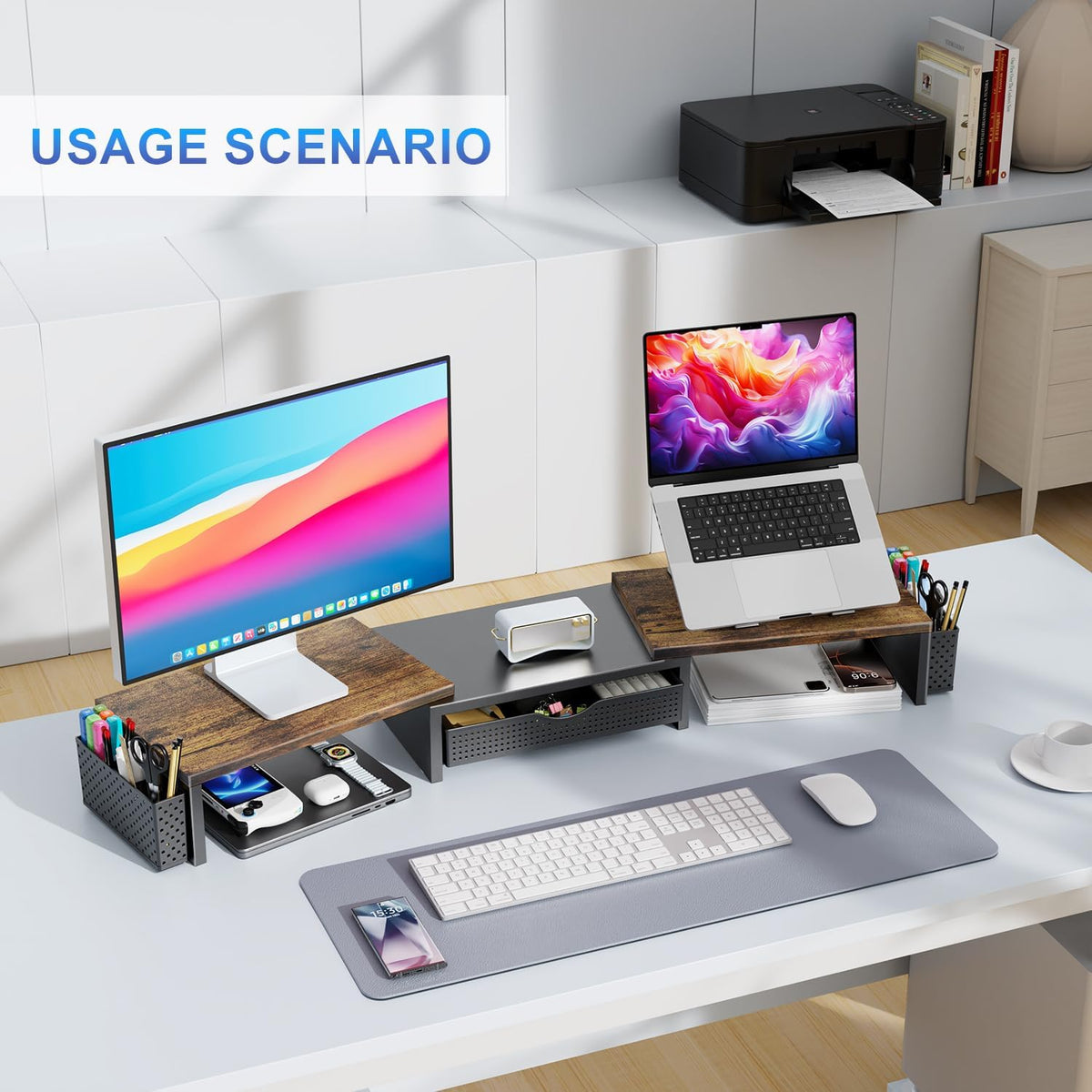 Dual Monitor Stand Riser With Drawer and 2 Pen Holders