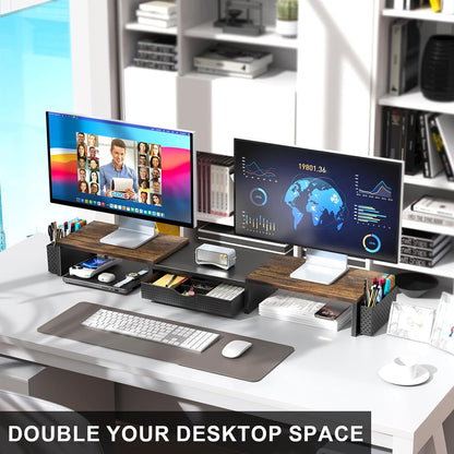 Dual Monitor Stand Riser With Drawer and 2 Pen Holders