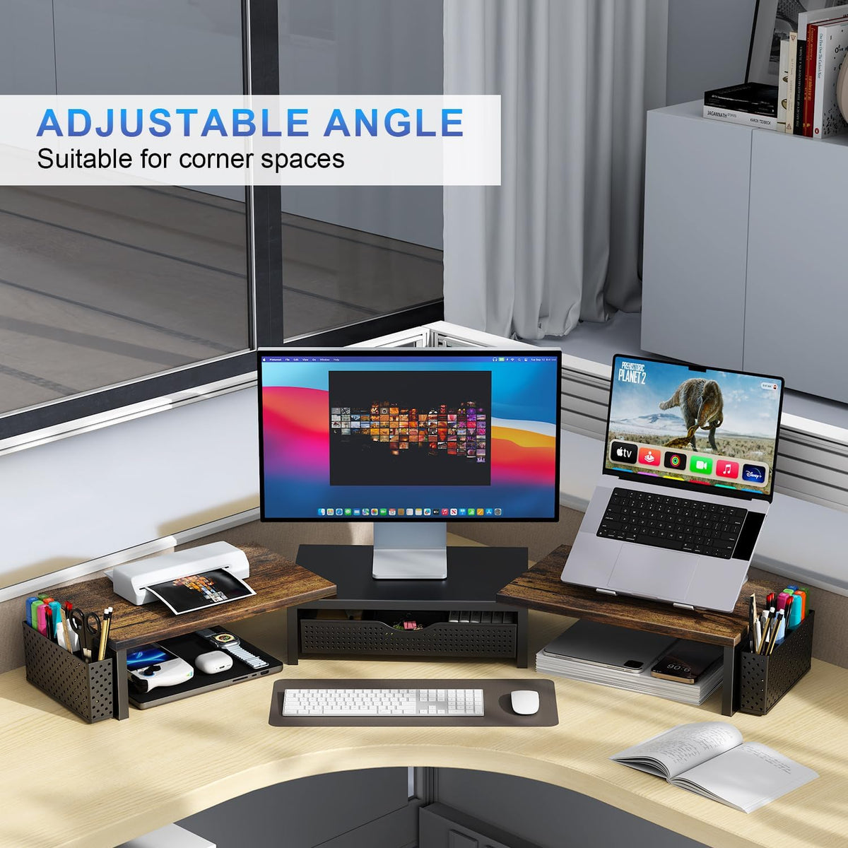 Dual Monitor Stand Riser With Drawer and 2 Pen Holders