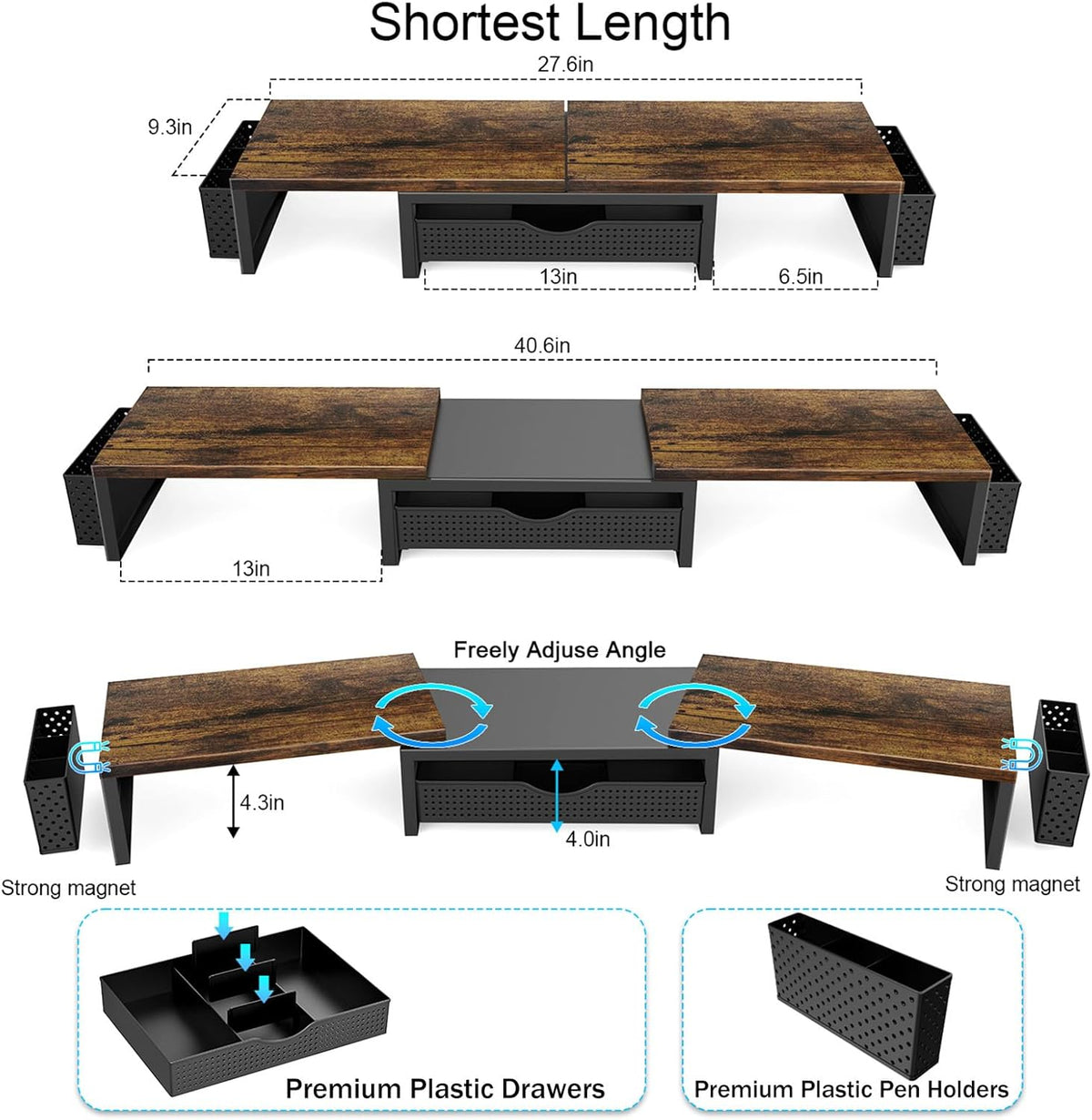 Dual Monitor Stand Riser With Drawer and 2 Pen Holders