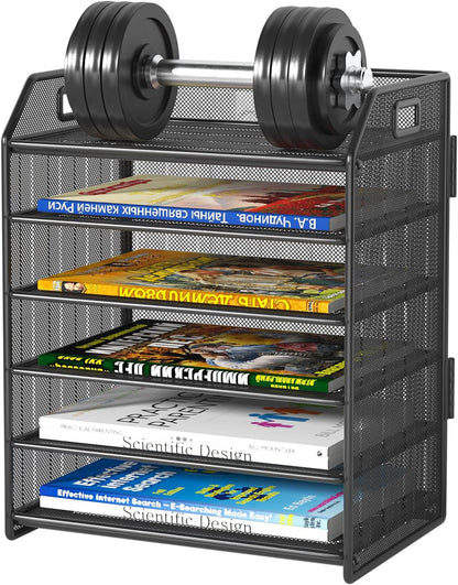 6 Tier Paper Organizer Letter Tray, Metal Mesh Paper Tray Organizer for Desk with Pull-Out Bottom Tray, Desktop File Organizer for Letter/A4 Files, Office Home Classroom, Black