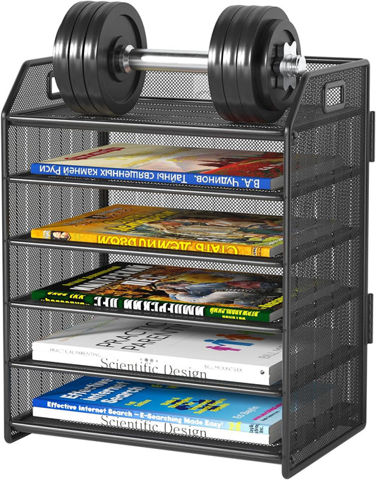 6 Tier Paper Organizer Letter Tray, Metal Mesh Paper Tray Organizer for Desk with Pull-Out Bottom Tray, Desktop File Organizer for Letter/A4 Files, Office Home Classroom, Black