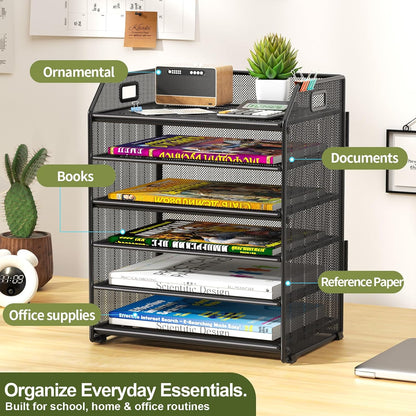 6 Tier Paper Organizer Letter Tray, Metal Mesh Paper Tray Organizer for Desk with Pull-Out Bottom Tray, Desktop File Organizer for Letter/A4 Files, Office Home Classroom, Black