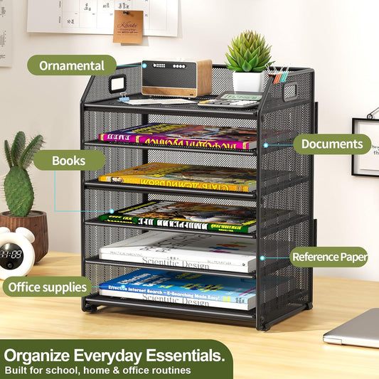 6 Tier Paper Organizer Letter Tray, Metal Mesh Paper Tray Organizer for Desk with Pull-Out Bottom Tray, Desktop File Organizer for Letter/A4 Files, Office Home Classroom, Black