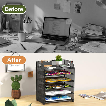 6 Tier Paper Organizer Letter Tray, Metal Mesh Paper Tray Organizer for Desk with Pull-Out Bottom Tray, Desktop File Organizer for Letter/A4 Files, Office Home Classroom, Black
