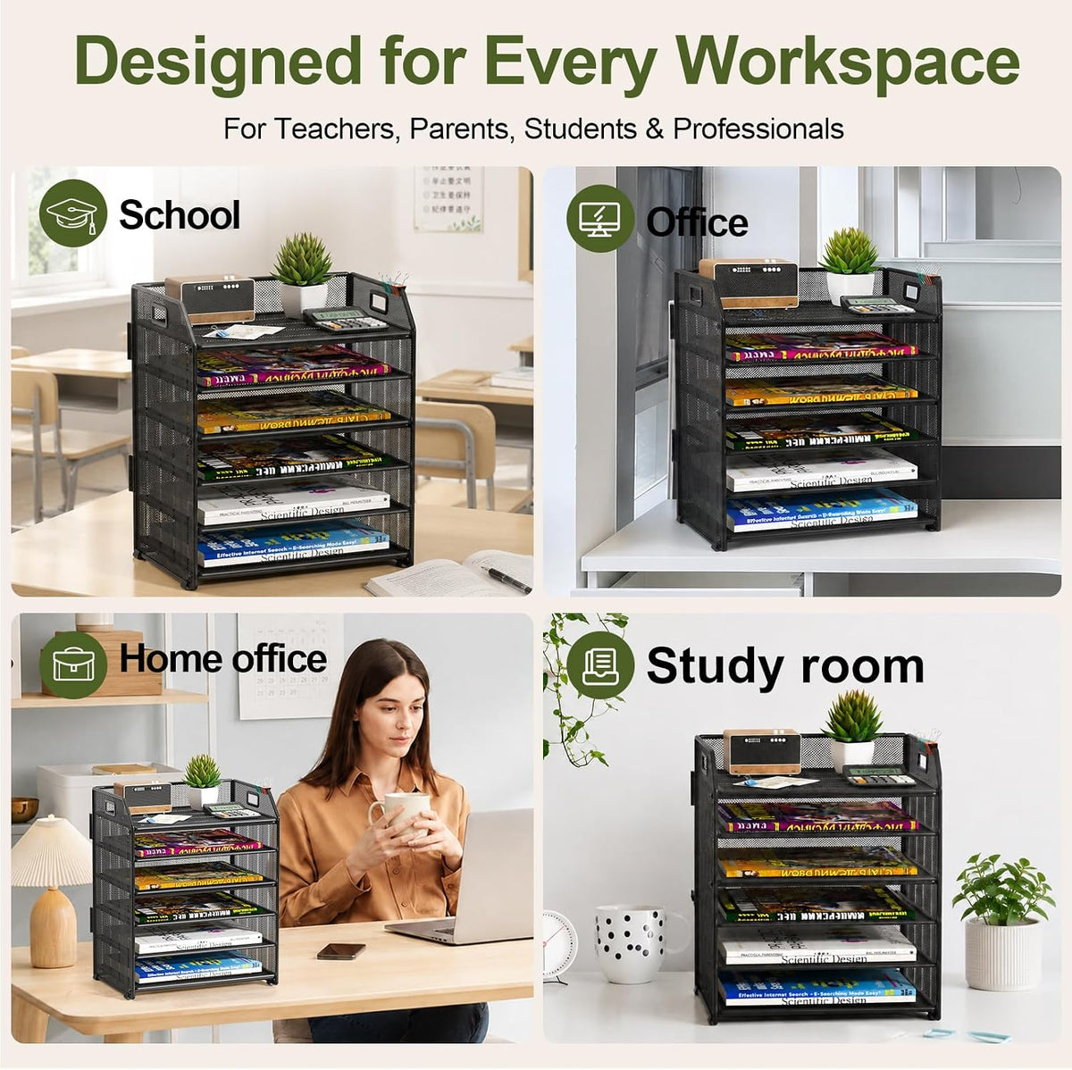 6 Tier Paper Organizer Letter Tray, Metal Mesh Paper Tray Organizer for Desk with Pull-Out Bottom Tray, Desktop File Organizer for Letter/A4 Files, Office Home Classroom, Black