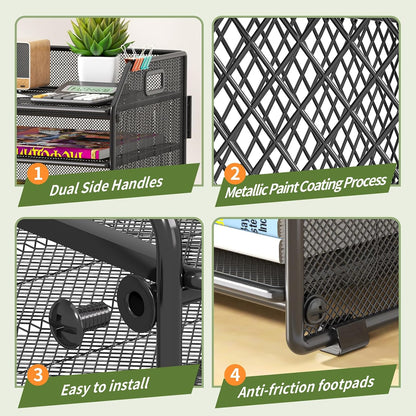 6 Tier Paper Organizer Letter Tray, Metal Mesh Paper Tray Organizer for Desk with Pull-Out Bottom Tray, Desktop File Organizer for Letter/A4 Files, Office Home Classroom, Black
