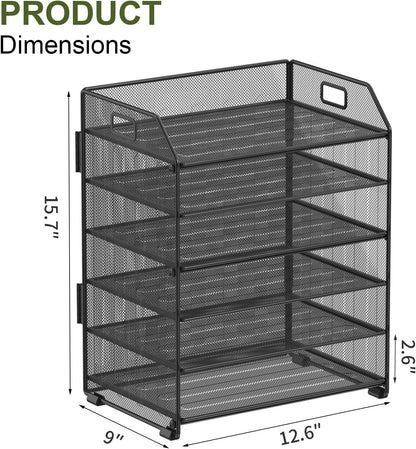 6 Tier Paper Organizer Letter Tray, Metal Mesh Paper Tray Organizer for Desk with Pull-Out Bottom Tray, Desktop File Organizer for Letter/A4 Files, Office Home Classroom, Black