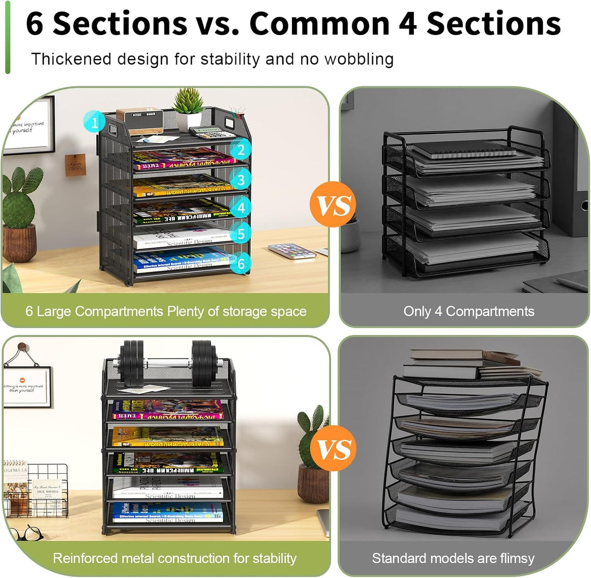 6 Tier Paper Organizer Letter Tray, Metal Mesh Paper Tray Organizer for Desk with Pull-Out Bottom Tray, Desktop File Organizer for Letter/A4 Files, Office Home Classroom, Black
