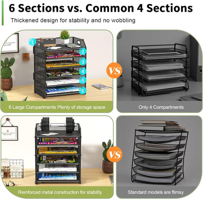 6 Tier Paper Organizer Letter Tray, Metal Mesh Paper Tray Organizer for Desk with Pull-Out Bottom Tray, Desktop File Organizer for Letter/A4 Files, Office Home Classroom, Black