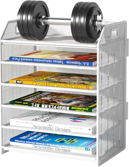 6 Tier Paper Organizer Letter Tray, Metal Mesh Paper Tray Organizer for Desk with Pull-Out Bottom Tray, Desktop File Organizer for Letter/A4 Files, Office Home Classroom, Black
