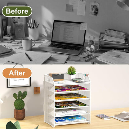 6 Tier Paper Organizer Letter Tray, Metal Mesh Paper Tray Organizer for Desk with Pull-Out Bottom Tray, Desktop File Organizer for Letter/A4 Files, Office Home Classroom, Black