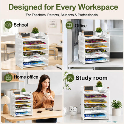 6 Tier Paper Organizer Letter Tray, Metal Mesh Paper Tray Organizer for Desk with Pull-Out Bottom Tray, Desktop File Organizer for Letter/A4 Files, Office Home Classroom, Black