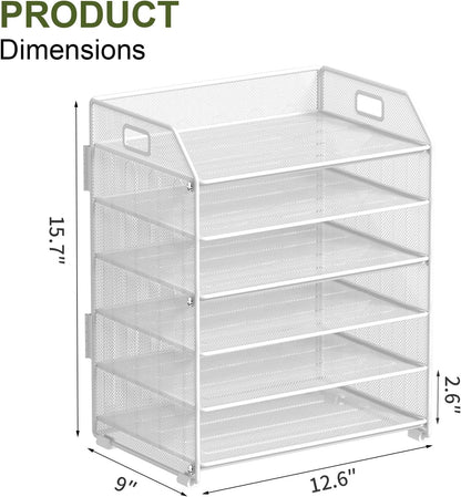 6 Tier Paper Organizer Letter Tray, Metal Mesh Paper Tray Organizer for Desk with Pull-Out Bottom Tray, Desktop File Organizer for Letter/A4 Files, Office Home Classroom, Black