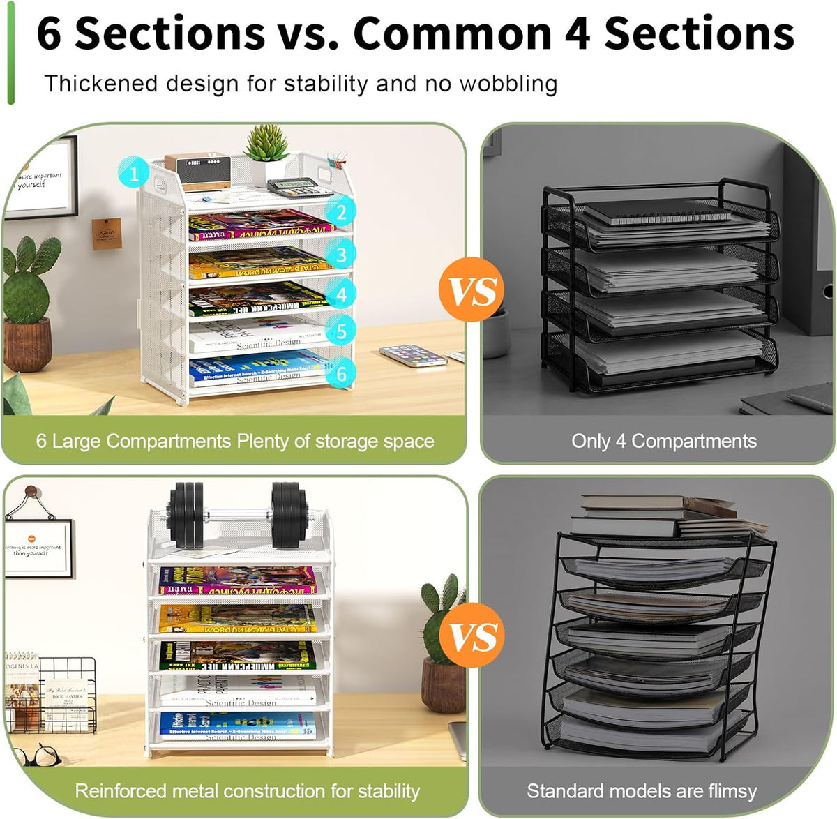 6 Tier Paper Organizer Letter Tray, Metal Mesh Paper Tray Organizer for Desk with Pull-Out Bottom Tray, Desktop File Organizer for Letter/A4 Files, Office Home Classroom, Black