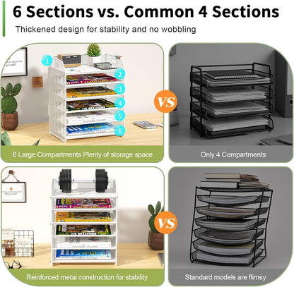 6 Tier Paper Organizer Letter Tray, Metal Mesh Paper Tray Organizer for Desk with Pull-Out Bottom Tray, Desktop File Organizer for Letter/A4 Files, Office Home Classroom, Black